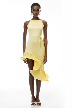 Aurohaya Meliora Yellow Asymmetrical Ruffled Midi Dress