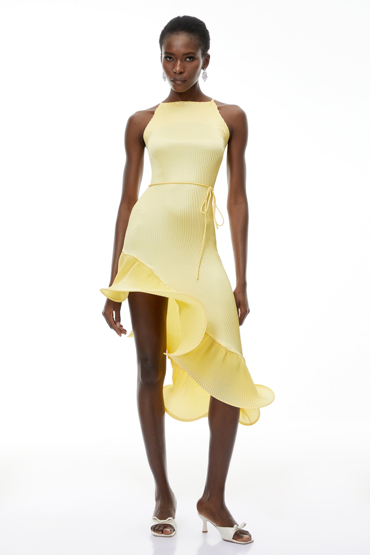Aurohaya Meliora Yellow Asymmetrical Ruffled Midi Dress