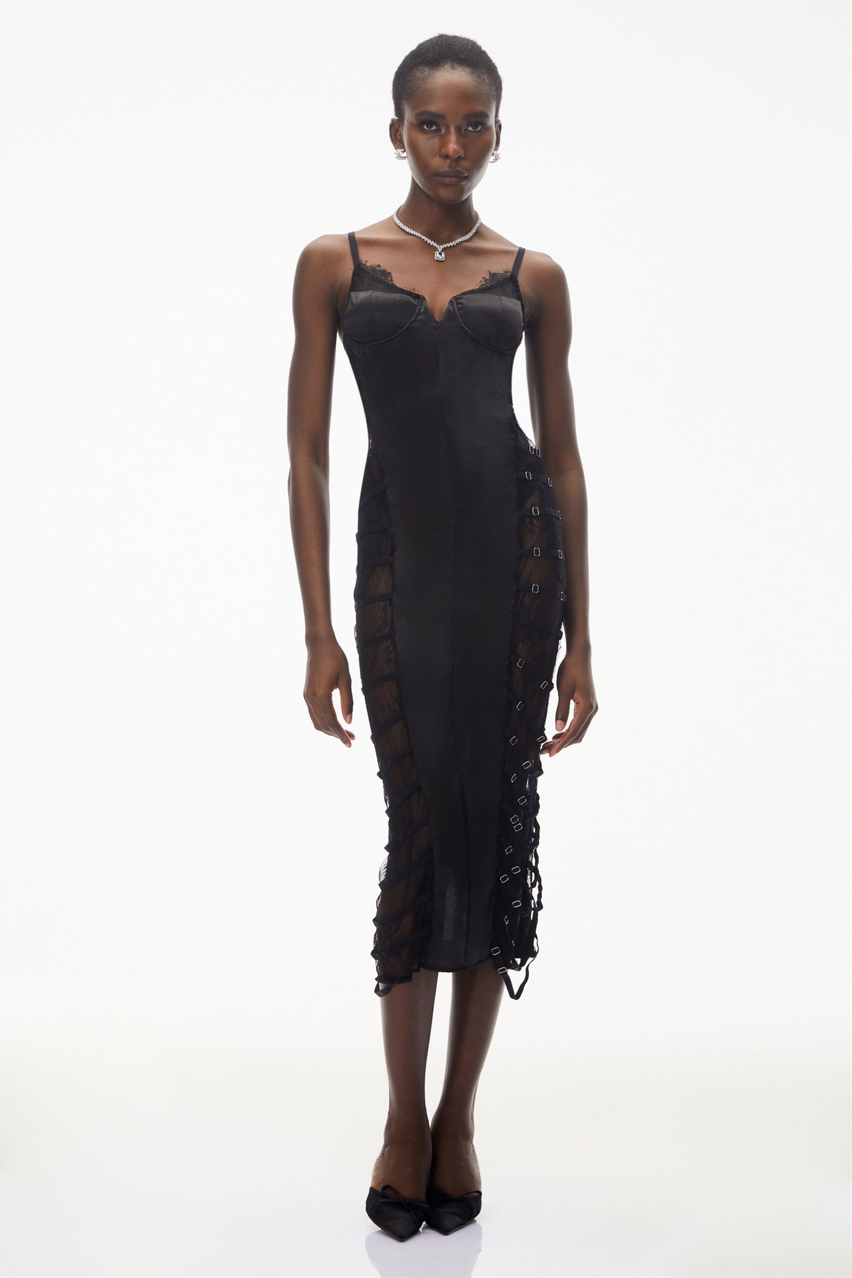 Aurohaya Melora Black Floral Lace Semi-Sheer Midi Dress