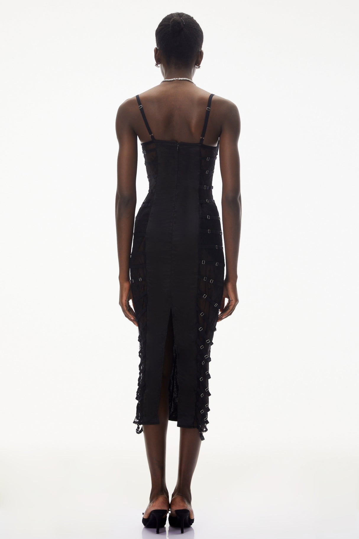 Aurohaya Melora Black Floral Lace Semi-Sheer Midi Dress