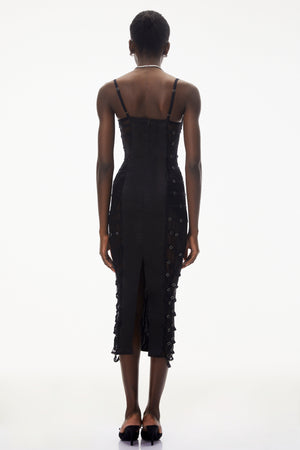 Aurohaya Melora Black Floral Lace Semi-Sheer Midi Dress