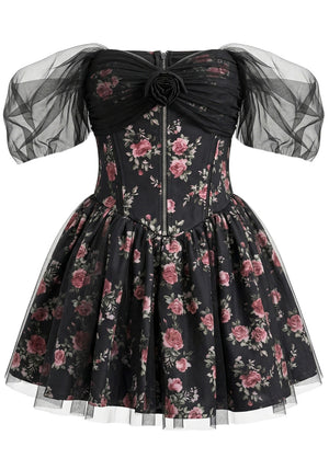 Mesh Bardot Floral A Line Dress Black