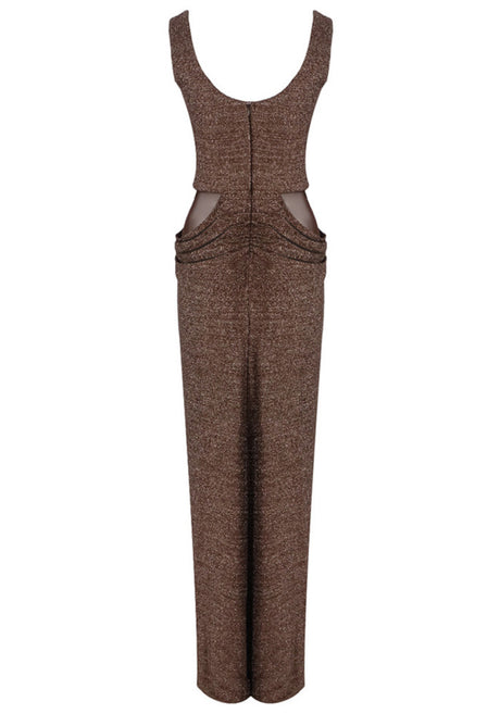 Mesh Insert Sparkly Maxi Dress Brown