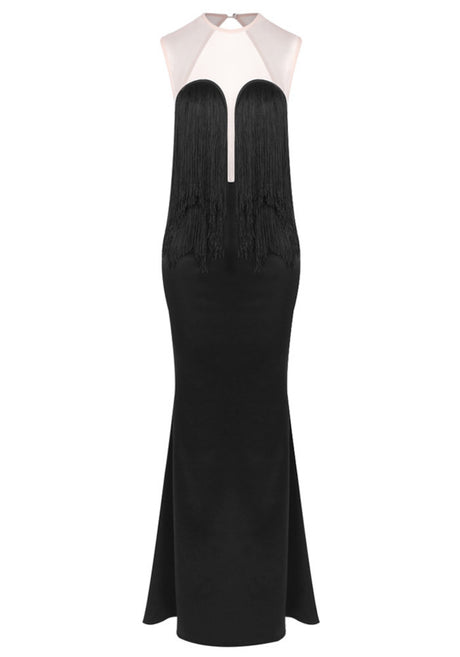 Mesh Insert Tassel Bustier Maxi Dress Black