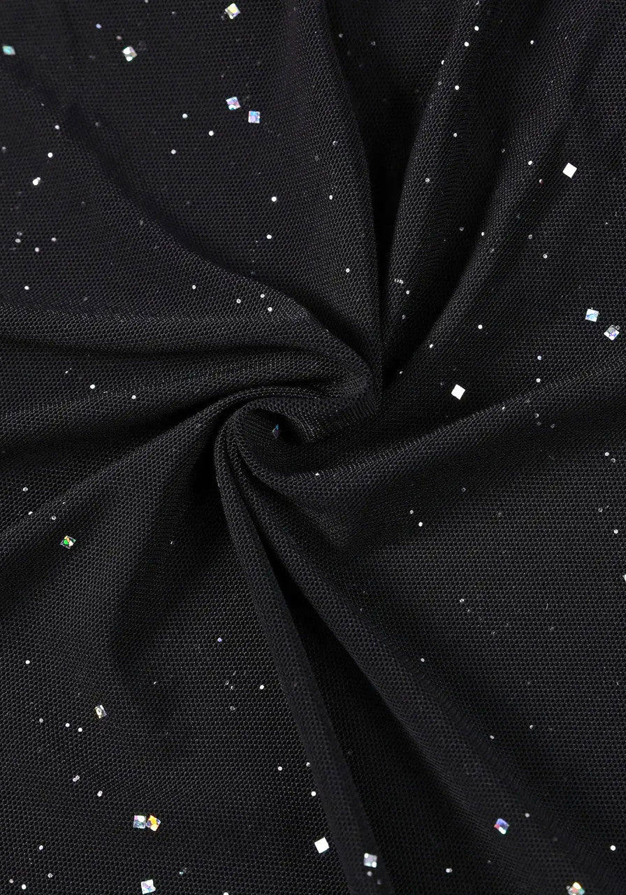 Mesh Long Sleeve Sparkly Maxi Dress Black