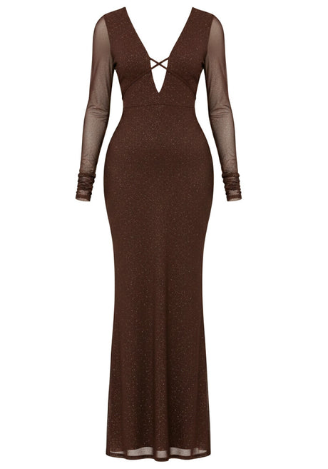 Mesh Long Sleeve Sparkly Maxi Dress Brown