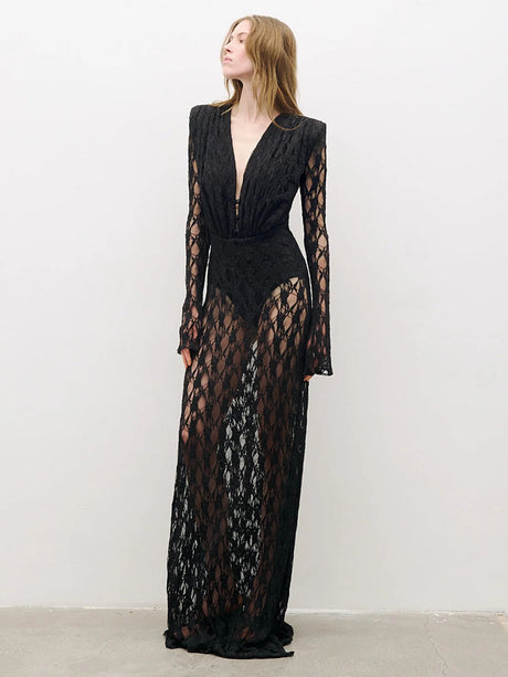 Aurohaya Hermine Lace Long Sleeve Maxi Dress Black