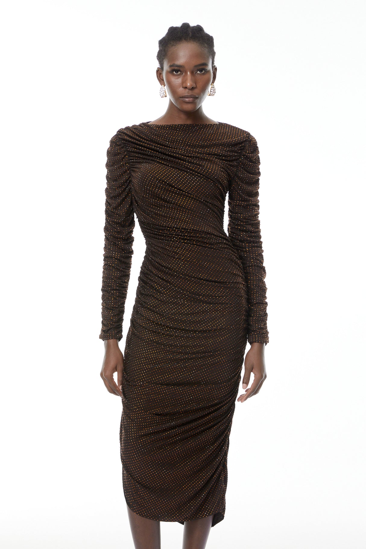 Aurohaya Mia Chocolate Brown Rhinestone Midi Dress