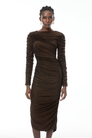 Aurohaya Mia Chocolate Brown Rhinestone Midi Dress