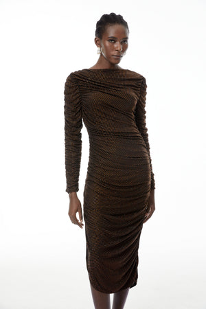 Aurohaya Mia Chocolate Brown Rhinestone Midi Dress
