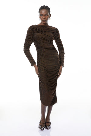 Aurohaya Mia Chocolate Brown Rhinestone Midi Dress