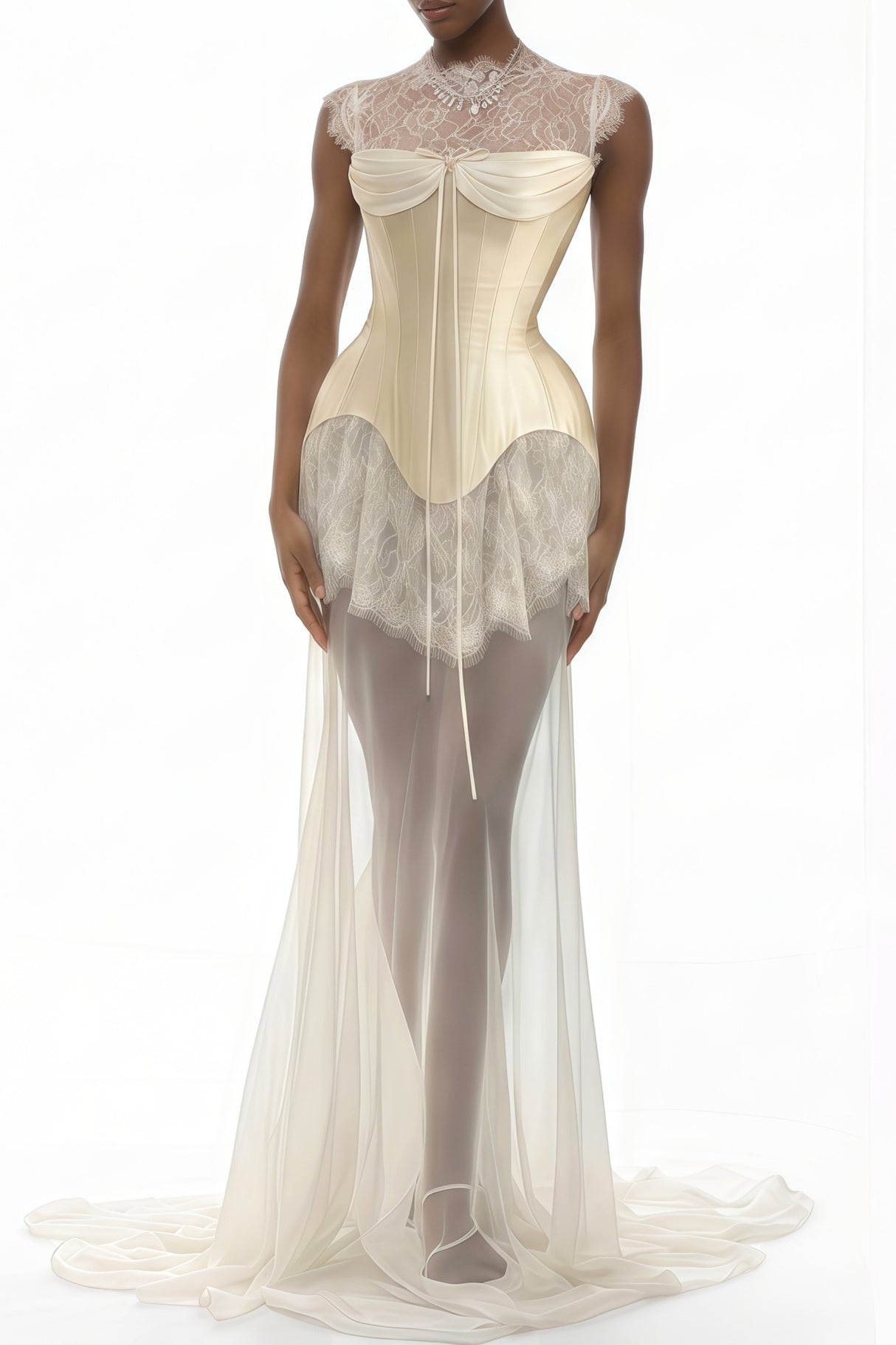 Aurohaya Michalina White Lace Convertible Gown with Detachable Skirt