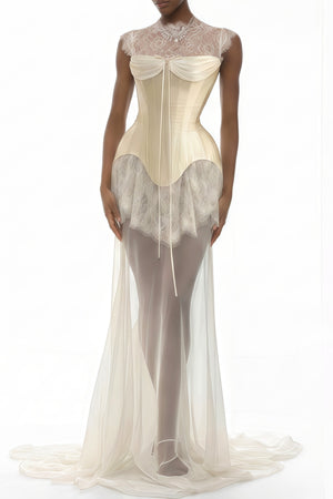 Aurohaya Michalina White Lace Convertible Gown with Detachable Skirt