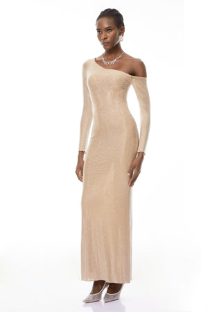 Aurohaya Michèle Champagne Rhinestone Maxi Dress