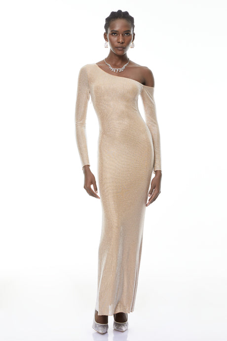 Aurohaya Michèle Champagne Rhinestone Maxi Dress