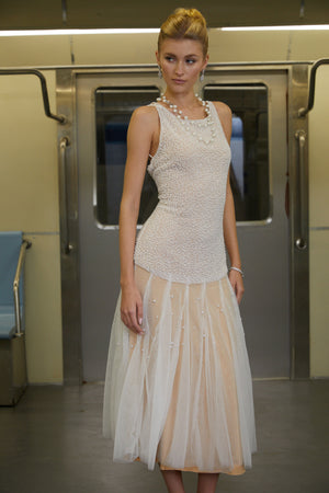 Aurohaya Miguel White Pearl Mesh Panel Midi Dress
