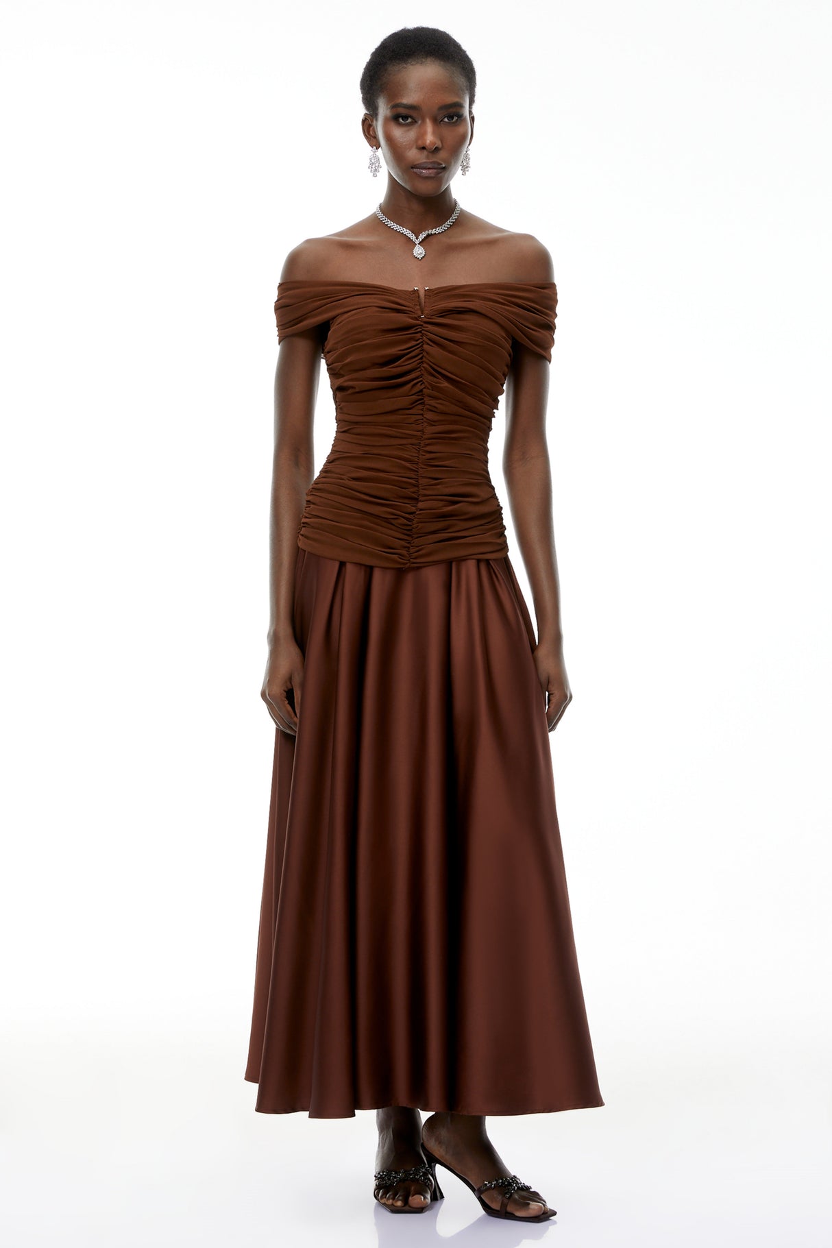 Aurohaya Milla Chocolate Brown Off Shoulder Maxi Dress