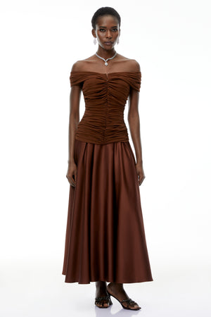 Aurohaya Milla Chocolate Brown Off Shoulder Maxi Dress