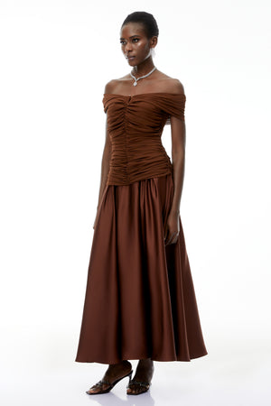 Aurohaya Milla Chocolate Brown Off Shoulder Maxi Dress