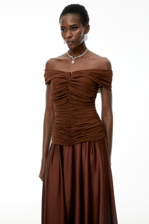 Aurohaya Milla Chocolate Brown Off Shoulder Maxi Dress
