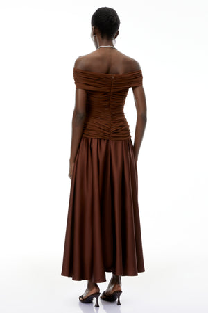 Aurohaya Milla Chocolate Brown Off Shoulder Maxi Dress