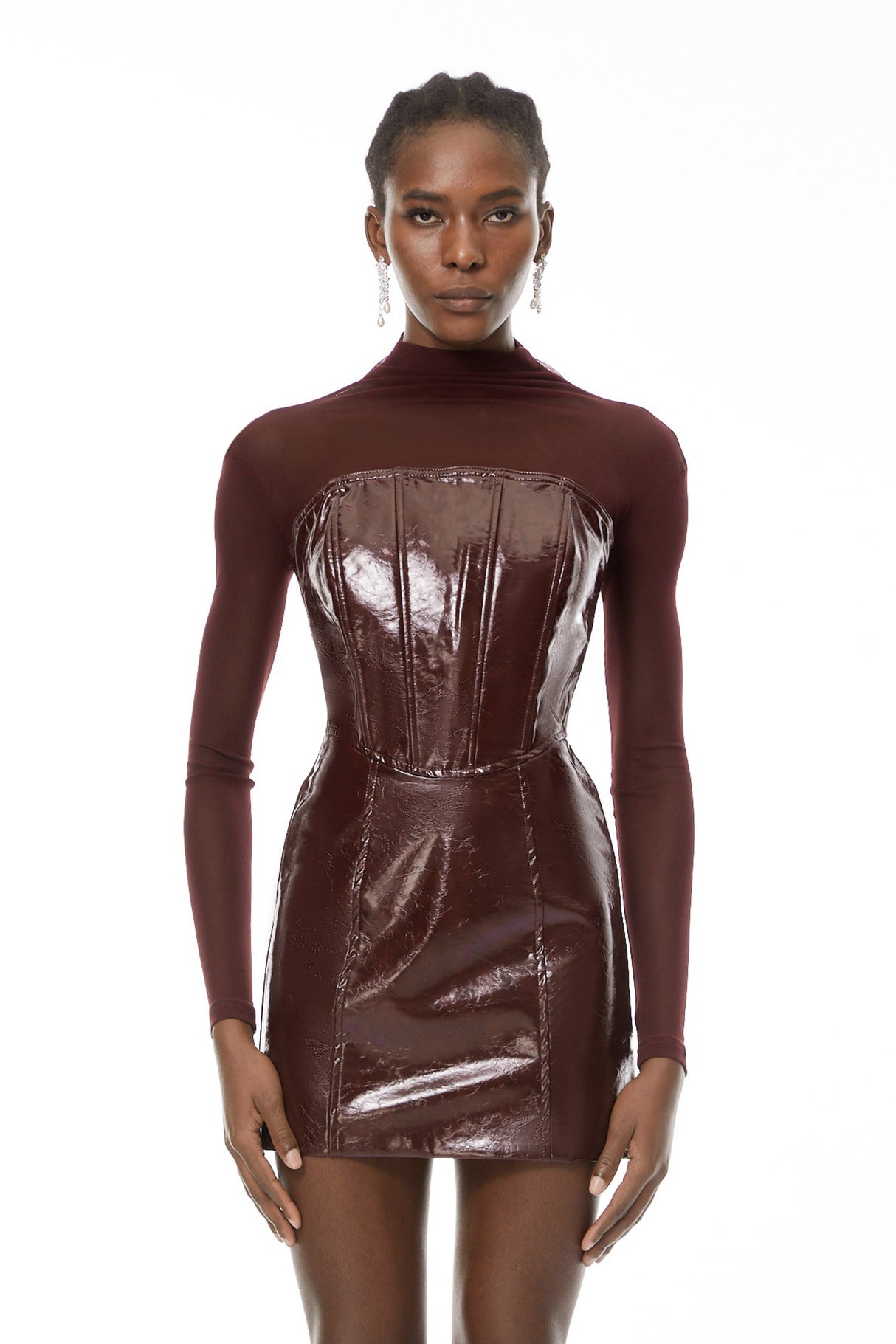 Aurohaya Millie Red Faux Leather Mini Dress with Tulle Panels