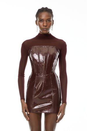 Aurohaya Millie Red Faux Leather Mini Dress with Tulle Panels