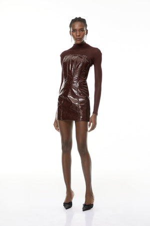 Aurohaya Millie Red Faux Leather Mini Dress with Tulle Panels