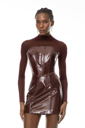 Aurohaya Millie Red Faux Leather Mini Dress with Tulle Panels