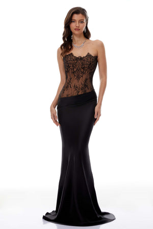Aurohaya Mirela Black Lace Panel Satin Maxi Dress