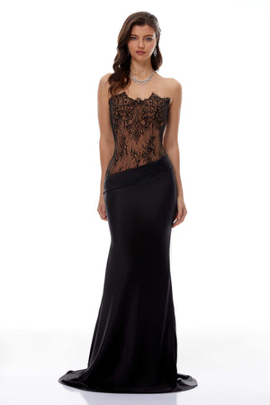 Aurohaya Mirela Black Lace Panel Satin Maxi Dress