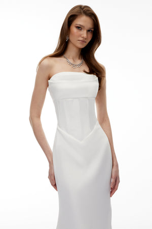 Aurohaya Mirewen White Off Shoulder Corset Maxi Dress