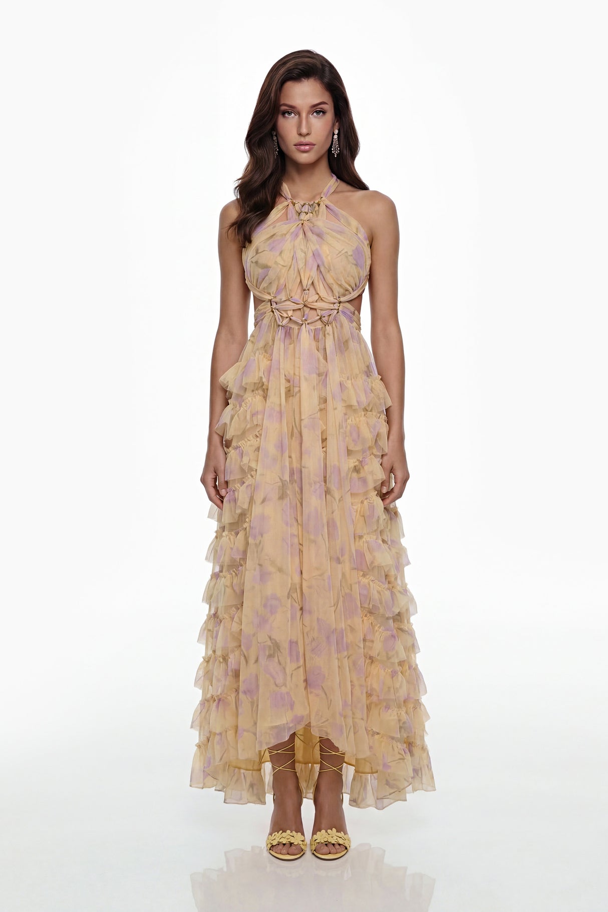 Aurohaya Molly Cream Cross Front Tiered Maxi Dress