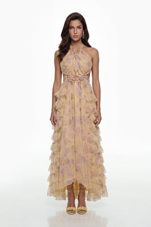 Aurohaya Molly Cream Cross Front Tiered Maxi Dress