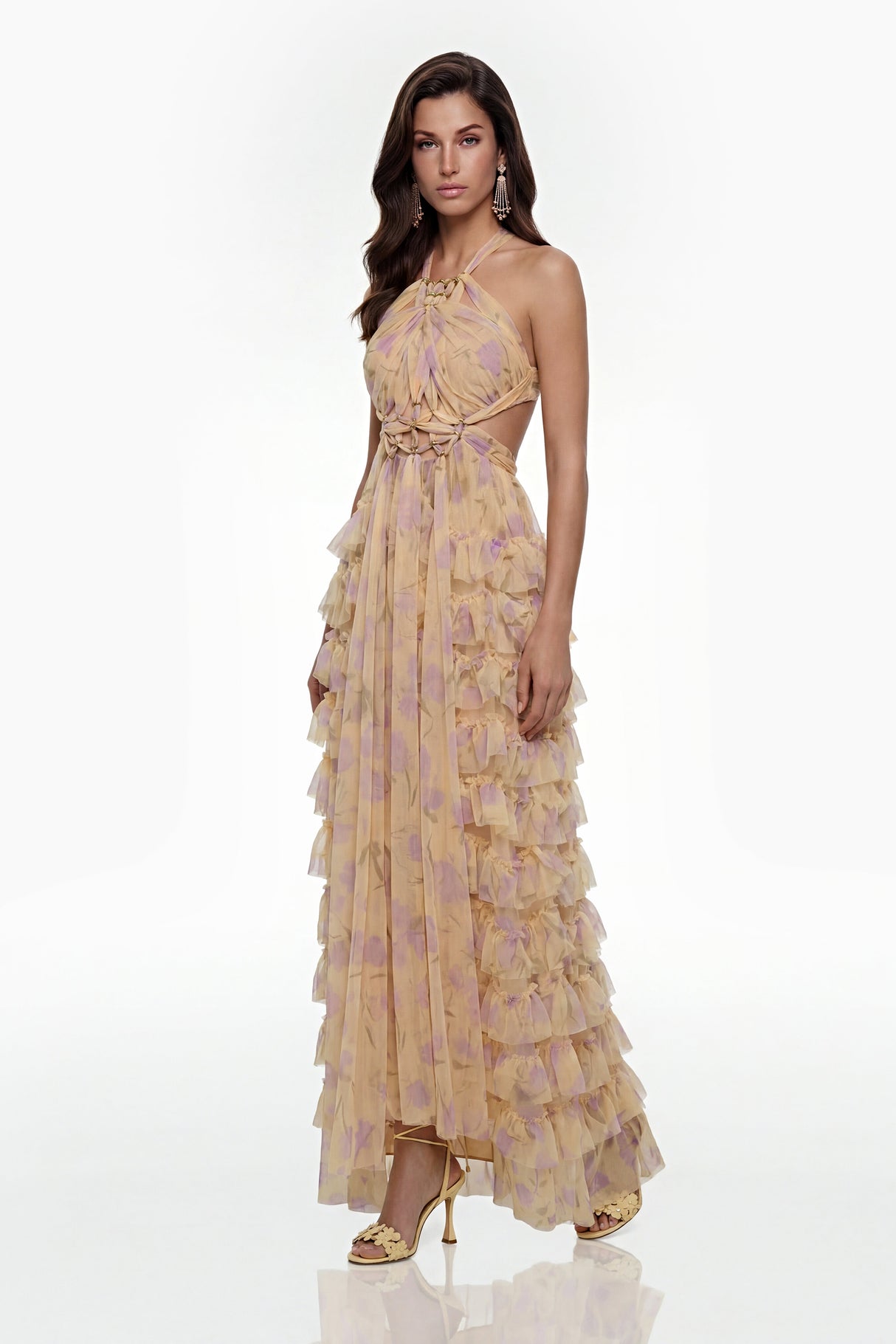 Aurohaya Molly Cream Cross Front Tiered Maxi Dress