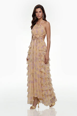 Aurohaya Molly Cream Cross Front Tiered Maxi Dress