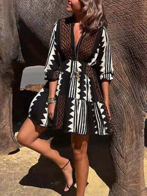 Aurohaya Ethnic Print Elastic Waist Babydoll Mini Dress