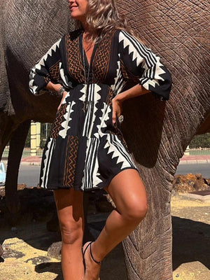 Aurohaya Ethnic Print Elastic Waist Babydoll Mini Dress