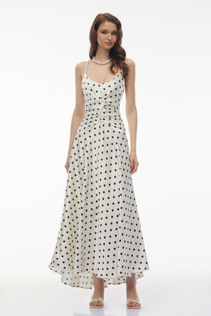 Aurohaya Morgause White Polka Dot Ruched Maxi Dress