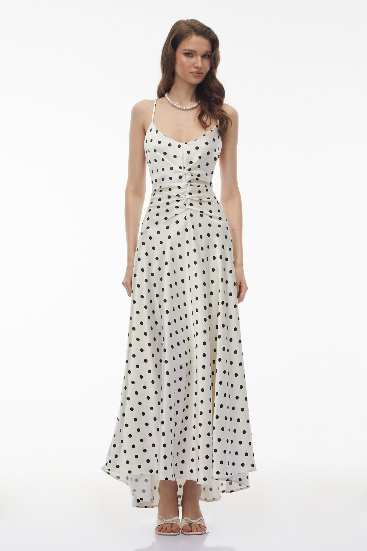 Aurohaya Morgause White Polka Dot Ruched Maxi Dress