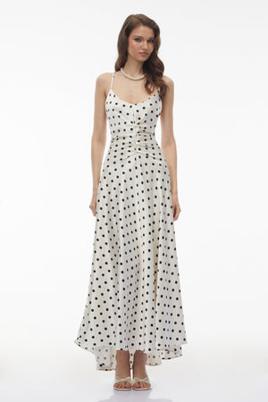 Aurohaya Morgause White Polka Dot Ruched Maxi Dress