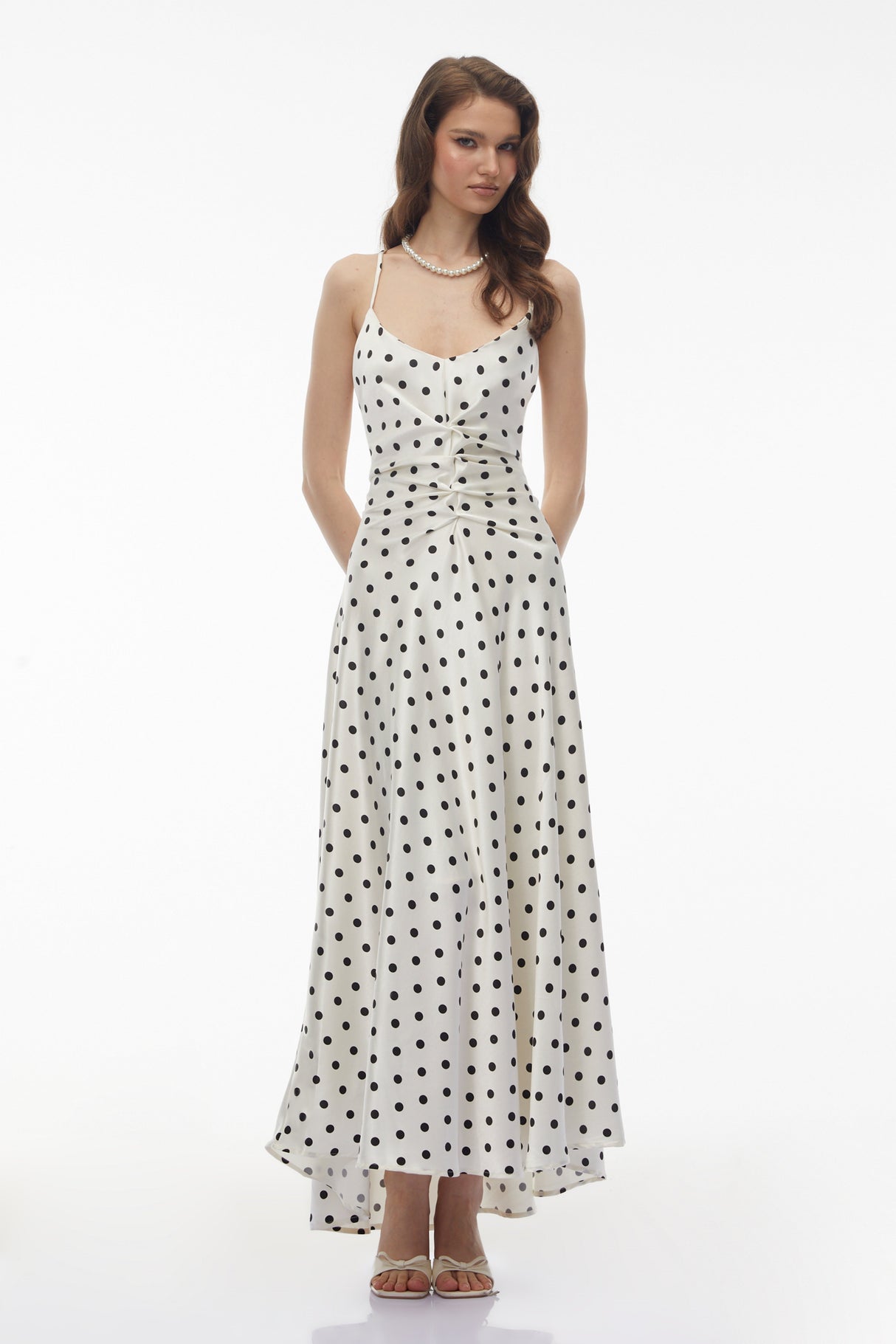 Aurohaya Morgause White Polka Dot Ruched Maxi Dress