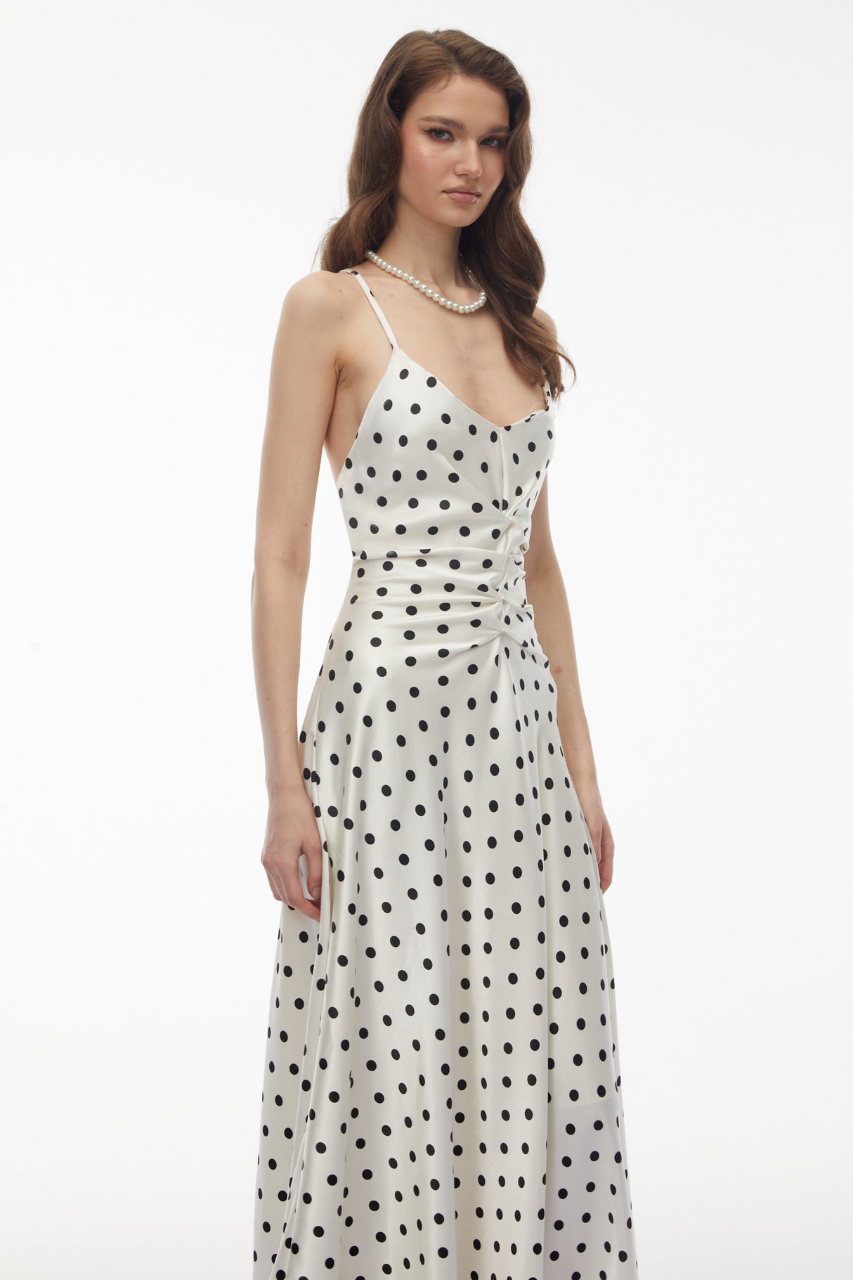 Aurohaya Morgause White Polka Dot Ruched Maxi Dress