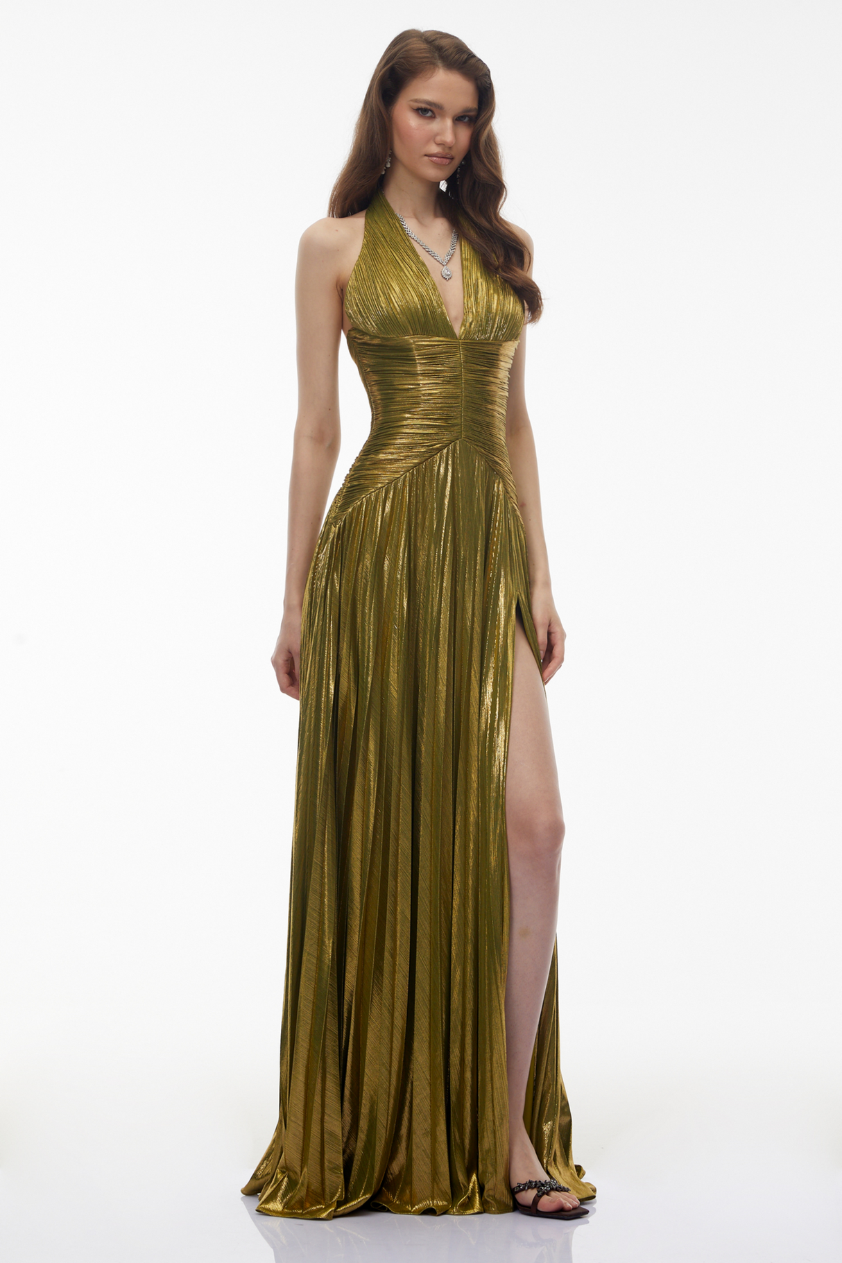 Aurohaya Nadya Olive Green Halterneck Ruched Maxi Dress