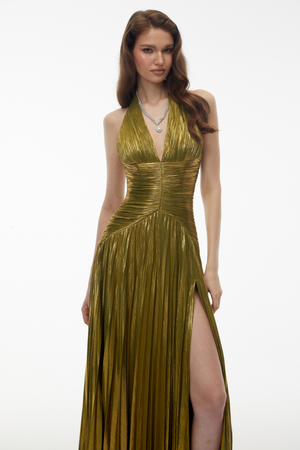 Aurohaya Nadya Olive Green Halterneck Ruched Maxi Dress