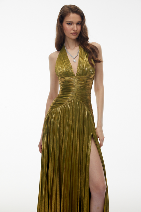Aurohaya Nadya Olive Green Halterneck Ruched Maxi Dress