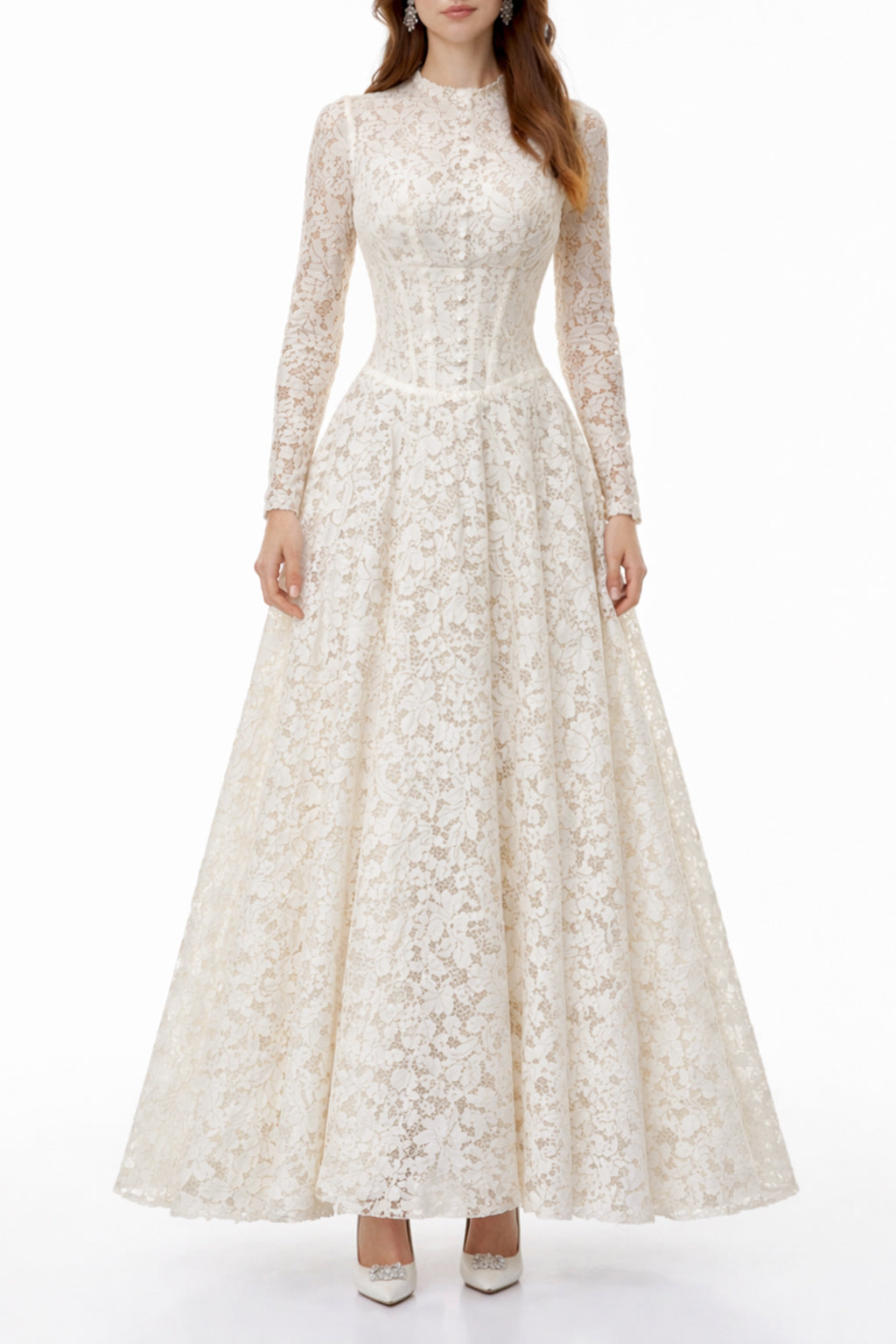 Aurohaya Narges White Lace Maxi Dress with Decorative Buttons