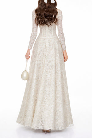 Aurohaya Narges White Lace Maxi Dress with Decorative Buttons