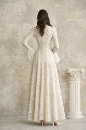 Aurohaya Nasrin White Mock Neck Floral Lace Maxi Dress