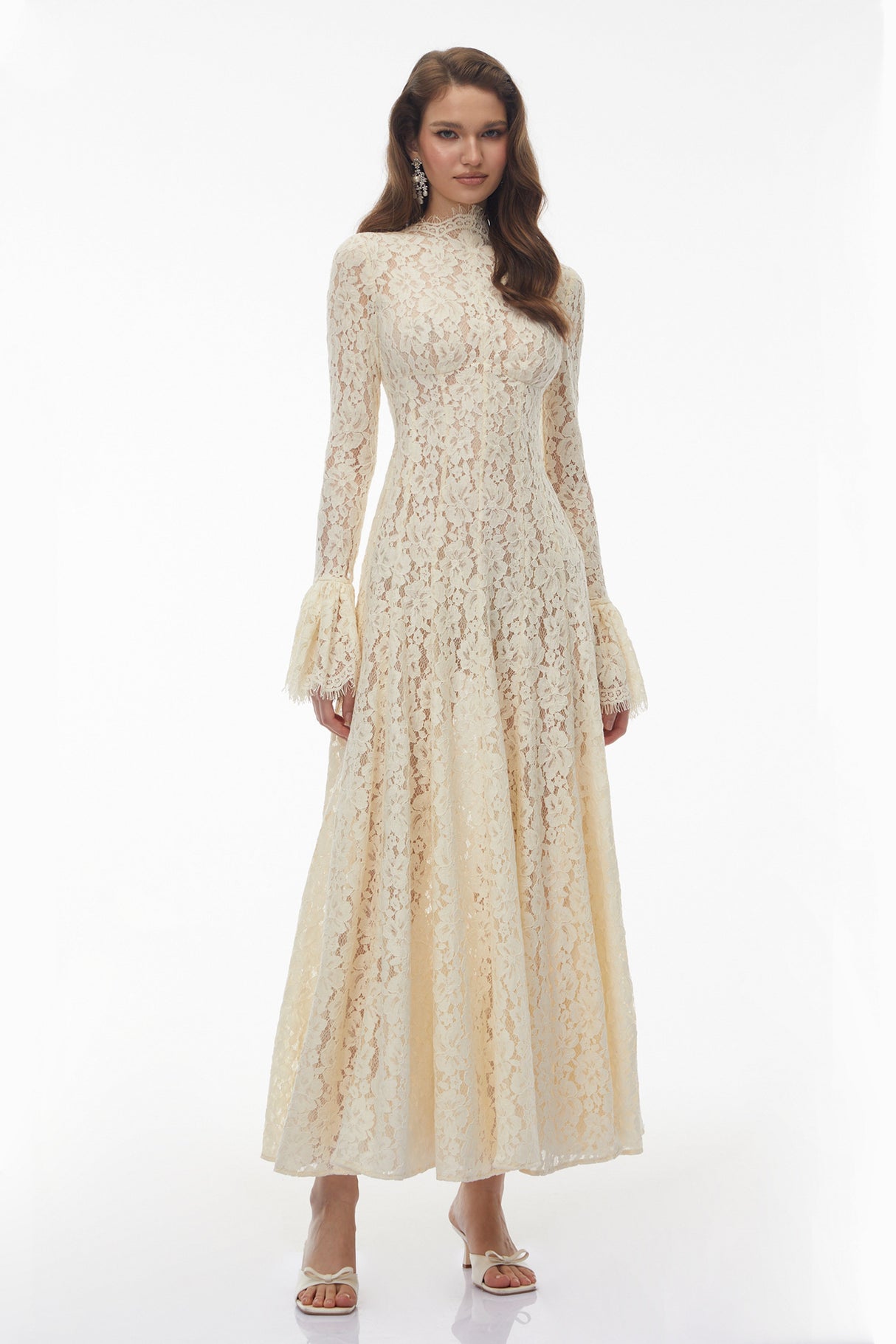 Aurohaya Nasrin White Mock Neck Floral Lace Maxi Dress